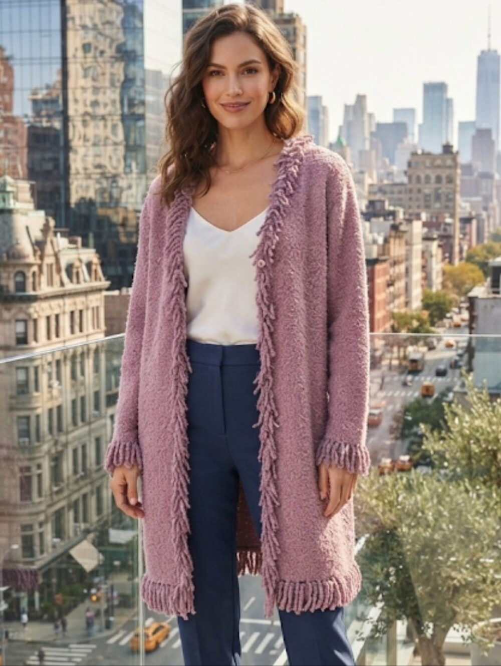 Poppy Pink Wool Blend Fringed Cardigan Size Medium